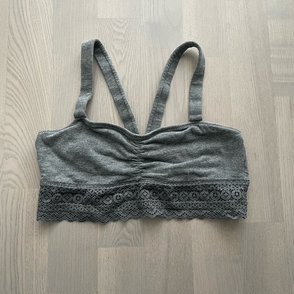 Aerie Grey Terry Lace Trimmed Cotton Blend Bralette - Picture 1 of 6